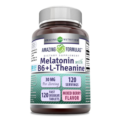 Image of Amazing Formulas Melatonin with B6 + L-Theanine | 30 Mg Per Serving | 120 Fast Dissolve Tablets | Mixed Berry Flavor