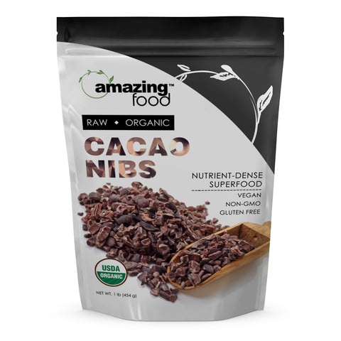 Amazing Food Cacao Raw Nibs | 1 LB | USDA Organic Certified | Vegan | Non-GMO | Gluten-Free | Made in USA