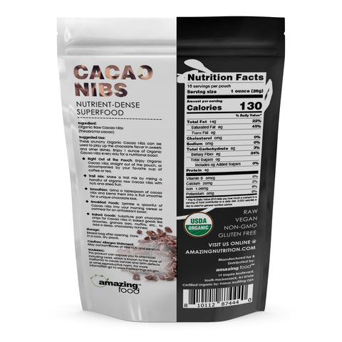 Amazing Food Cacao Raw Nibs | 1 LB | USDA Organic Certified | Vegan | Non-GMO | Gluten-Free | Made in USA