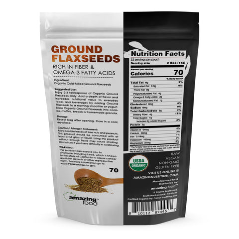 Amazing Food Ground Flaxseeds | 1 LB | USDA Organic Certified | Vegan | Non-GMO | Gluten-Free | Made in USA