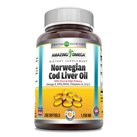 Image of Amazing Omega Norwegian Cod Liver Oil Supplement | 1250 Mg | Orange Flavor (250 Softgels | Non-GMO